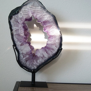 Large Brazilian Amethyst Geode Slice On Metal Display Stand