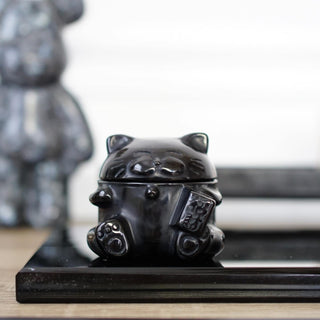 Black Obsidian Lucky Cat Cup with Lid