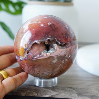 Rare Redish Plume Agate sphere with sparkly druzy